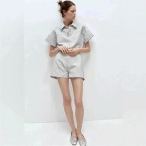 NWT ZARA Metallic Denim 100% Cotton DustyBlue Shimmer Short Romper 6929/201 Sz S